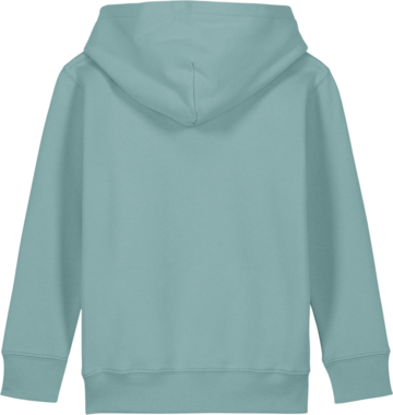 Bagsiden af Mini Cruiser 2.0 hættetrøje fra Zo24 Printhouse – Teal Monstera hoodie til børn, ideel til personligt print.