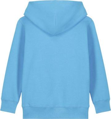 Bagsiden af Mini Cruiser 2.0 hættetrøje i farven Aqua Blue fra Zo24 Printhouse – ideel til børn med mulighed for eget print.