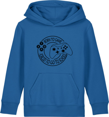 Mini Cruiser 2.0 hoodie i kongeblå med gamingmotiv “Born to Game, Forced to Go to School” – gaming og humor i én trøje.