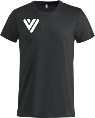 Sort T-shirt med hvidt V-logo – en enkel og moderne basis-T-shirt med minimalistisk design.