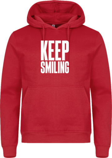 Miami Hoodie i rød med hvidt KEEP SMILING-print – en energisk og glad hoodie med plads til personlighed.