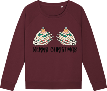 Bordeaux sweatshirt med print af skelet-hænder, der holder julepynt, og teksten 'Merry Christmas' – sjov og alternativ juletrøje til julefrokost og festlige begivenheder.