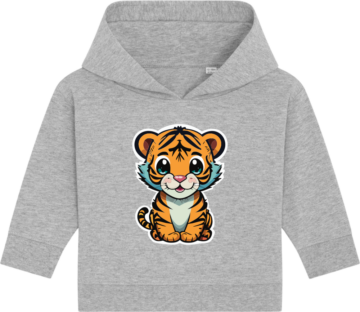 Baby cruiser hoodie i klassisk grå fra Zo24 Printhouse med et farverigt tigerprint på brystet – perfekt til små eventyrere, der både vil være komfortable og se søde ud.