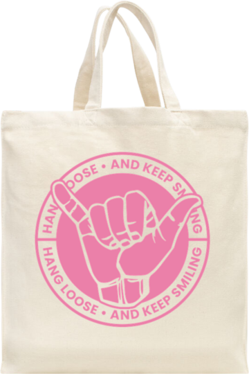Naturfarvet Keep smiling mulepose med lyserødt hang loose-design og positivt budskab – fra zo24printhouse.dk
