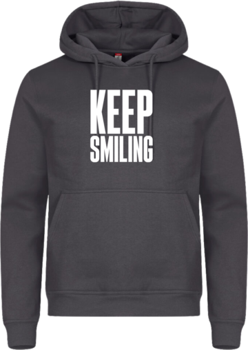 Miami Hoodie i mørkegrå med hvidt “KEEP SMILING”-print – en cool hverdagstrøje, der spreder gode vibes.