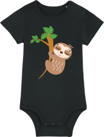 Baby Body i sort med farverigt dovendyr – kontrastfyldt design til babyer med kant fra zo24printhouse.