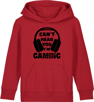 Mini Cruiser 2.0 hoodie i rød med sort headset-motiv og gamertekst – sjov og farverig gamertrøje fra zo24printhouse.