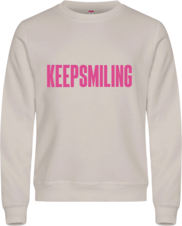 Miami Roundneck sweatshirt i beige med pink KEEP SMILING-print – blød farve og stærkt budskab.