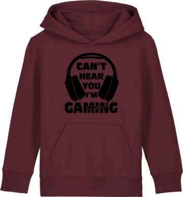 Mini Cruiser 2.0 hoodie i vinrød med sort gamerprint “Can’t Hear You I’m Gaming” – perfekt til børn der elsker gaming.