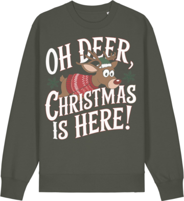 Mørkegrøn sweatshirt med julemotiv og teksten "OH DEER, CHRISTMAS IS HERE!".