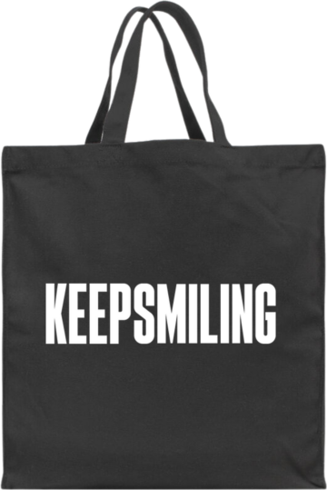 Sort mulepose med hvidt KEEPSMILING-print – enkel, rummelig og oplagt til hverdagsbrug.