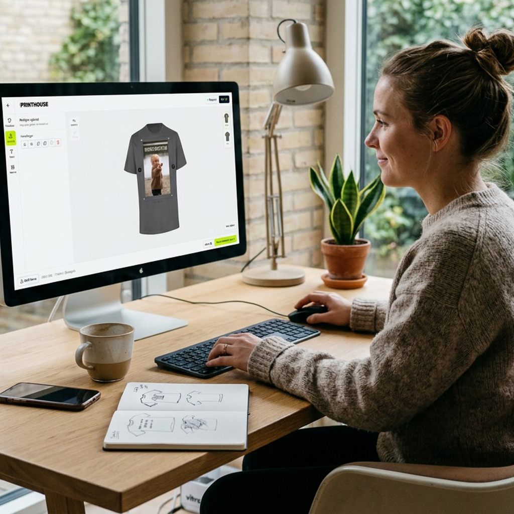 Lav din egen t-shirt - en kvinde der sidder foran sin computer og designer sin egen t-shirt til print