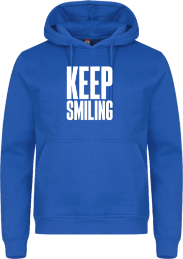 Miami Hoodie i kongeblå med hvidt KEEP SMILING-print – en kraftfuld og farverig hoodie med smil på programmet.