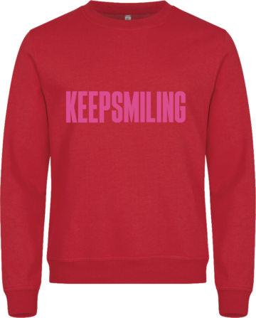 Miami Roundneck sweatshirt i rød med pink KEEP SMILING-print – iøjnefaldende og livlig farvekombination.
