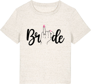 T-shirten "Stella Muser" i beige meleret med humoristisk bride-design – ideel til polterabend.