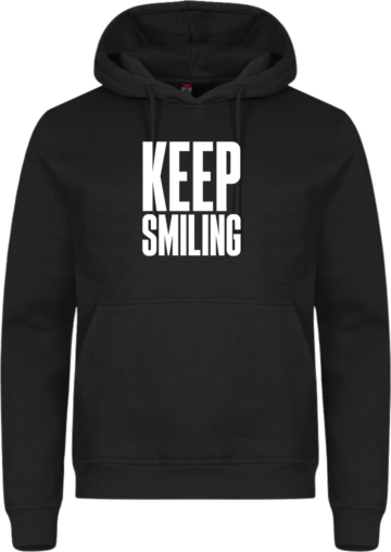 Miami Hoodie i sort med hvidt “KEEP SMILING”-print – en stilren statement-hoodie med positiv attitude.