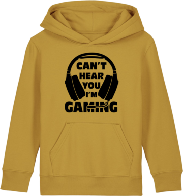 Mini Cruiser 2.0 hoodie i karrygul med sort print – “Can’t Hear You I’m Gaming” i et varmt og sjovt design.