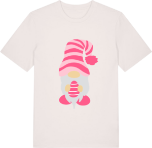 Hvid Creator 2.0 T-shirt fra Zo24 Printhouse med sødt påskemotiv af en lyserød nisse – ideel til påskens hyggelige stunder.