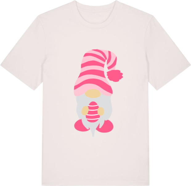 Hvid Creator 2.0 T-shirt fra Zo24 Printhouse med sødt påskemotiv af en lyserød nisse – ideel til påskens hyggelige stunder.