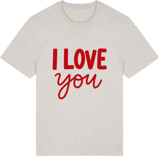 Lysegrå T-shirt med rød tekst “I love you” – sød idé til ønsker eller gave.