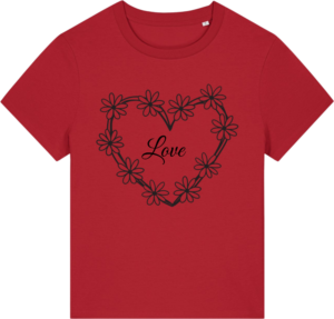 Stella Muser T-shirt i rød med et hjerteformet blomsterdesign og teksten 'Love' i sort, fra Zo24Printhouse.