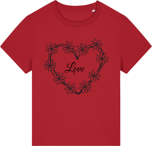 Stella Muser T-shirt i rød med et hjerteformet blomsterdesign og teksten 'Love' i sort, fra Zo24Printhouse.