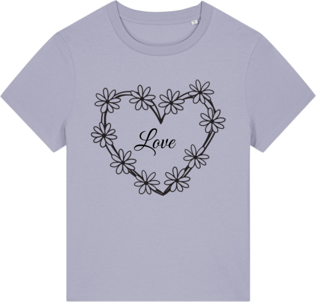 Stella Muser T-shirt i lys lilla med et hjerteformet blomsterdesign og teksten 'Love' i sort, fra Zo24Printhouse.