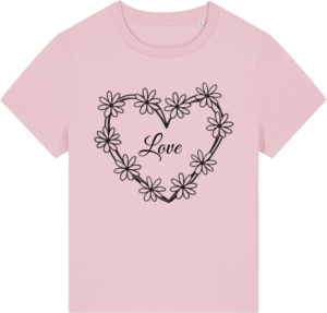 Lyserød Stella Muser t-shirt med sort hjerte med blomster, perfekt til valentinesdag fra Zo24 Printhouse.