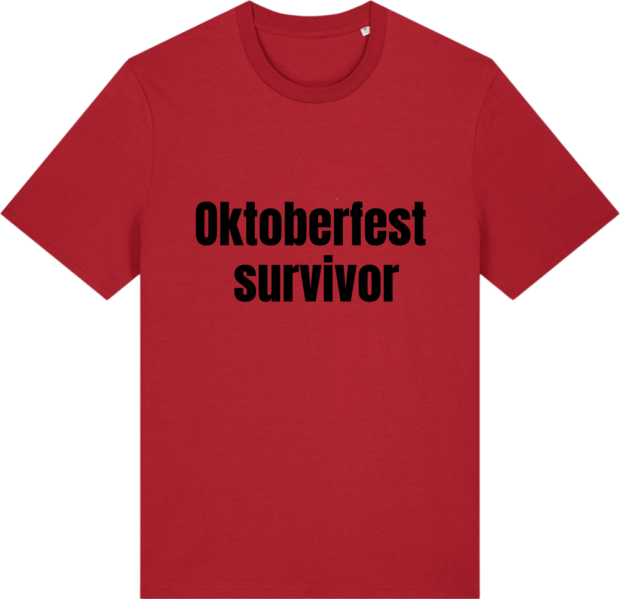 Rød T-shirt med sort tekst "Oktoberfest survivor" – humoristisk design til festglade overlevere